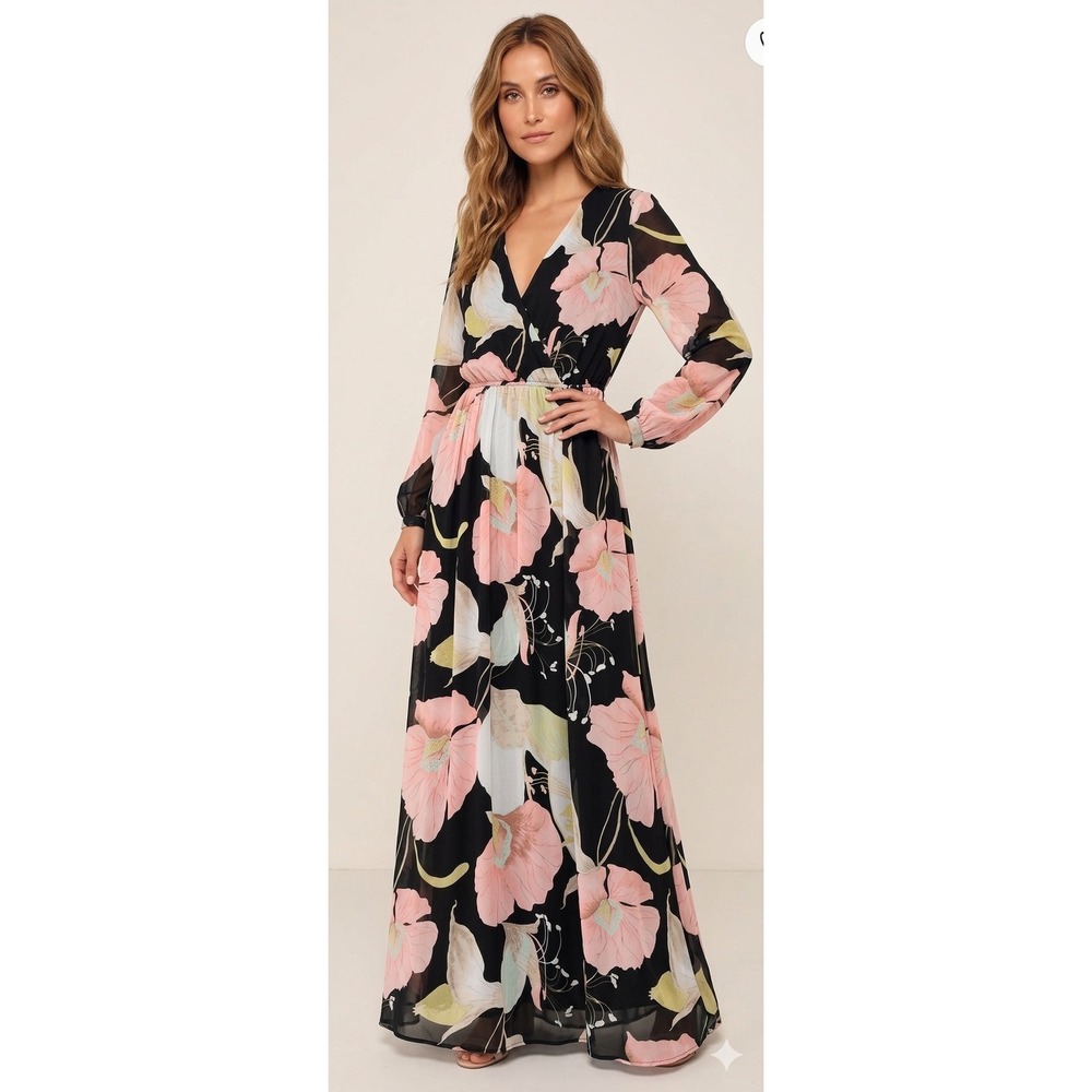 NWT Lulus Wondrous Water Lilies Maxi Dress Large Black Floral Long Sleeve Garden